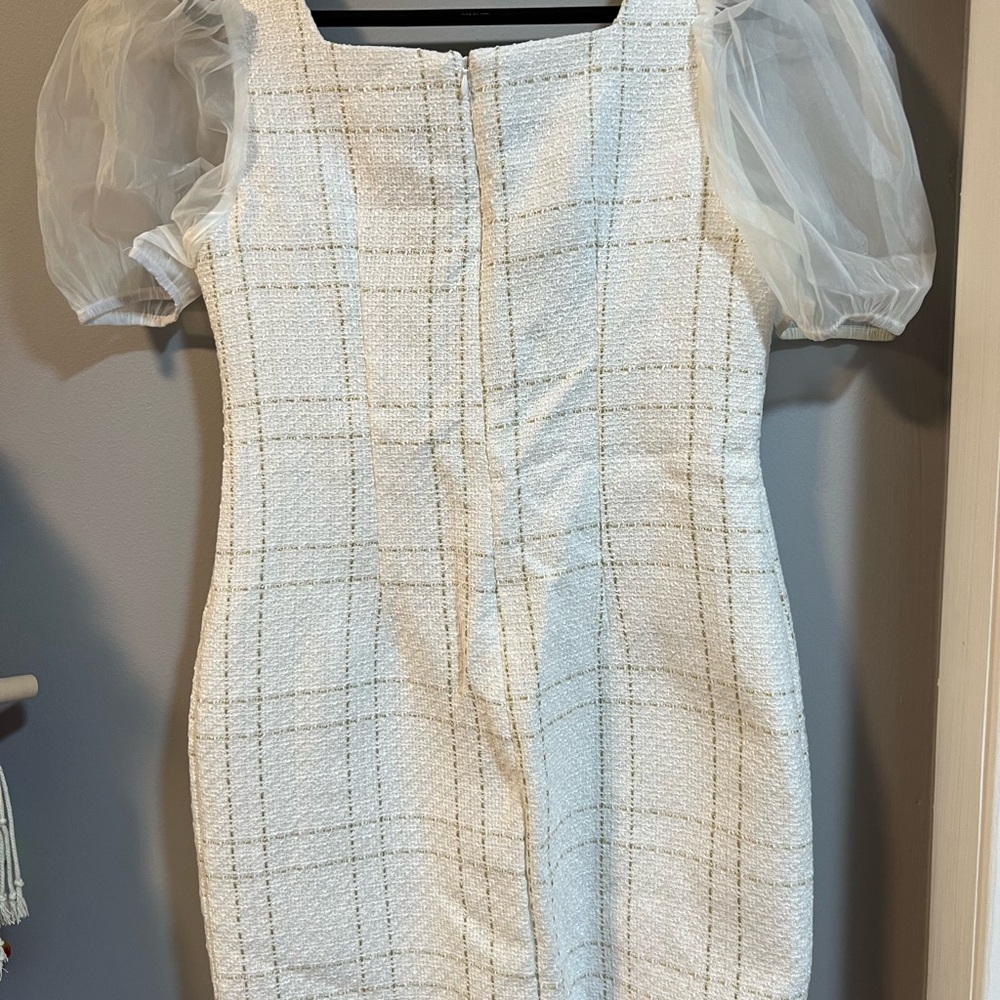 SHEIN White Plaid Mini Dress with Sheer Puff Sleeves - Picture 4 of 5